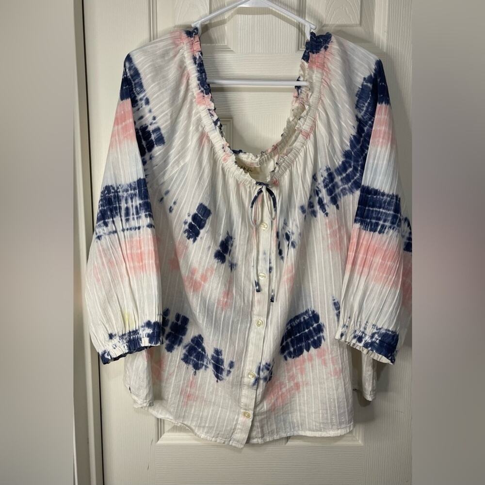 Style & Co Bohemian Tie Dye White Off the Shoulder Metallic Threaded Top sz XL